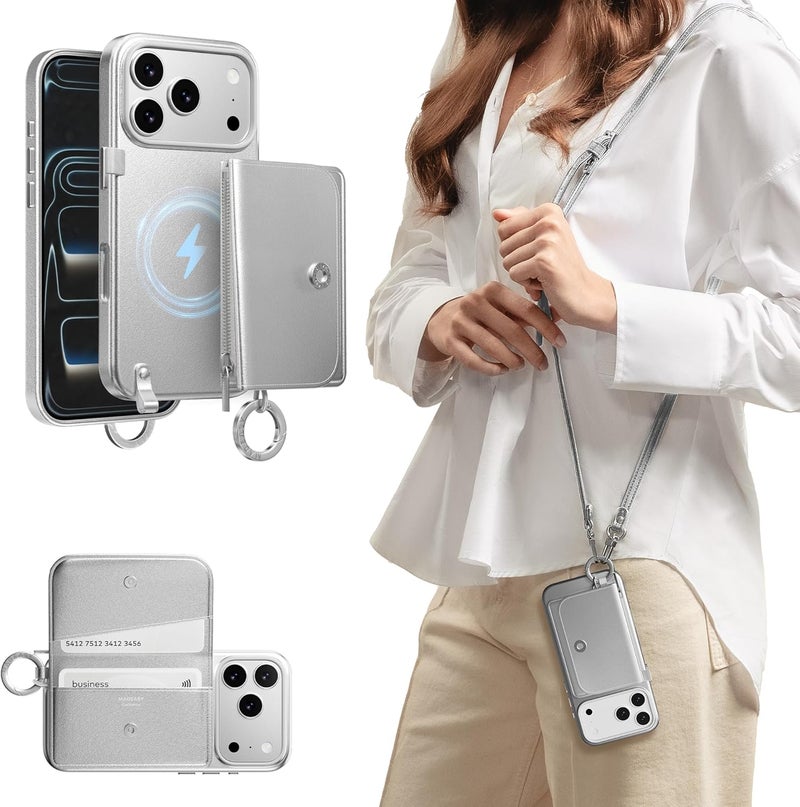 MAGEASY Designed for Phone 17 Pro Wallet Case with Crossbody Strap - Compatible with MagSafe Detachable Coin Purse & Card Slot, Leather Crossbody Lanyard, 16ft Drop Protection | Pouch M (Silver) - Image 1